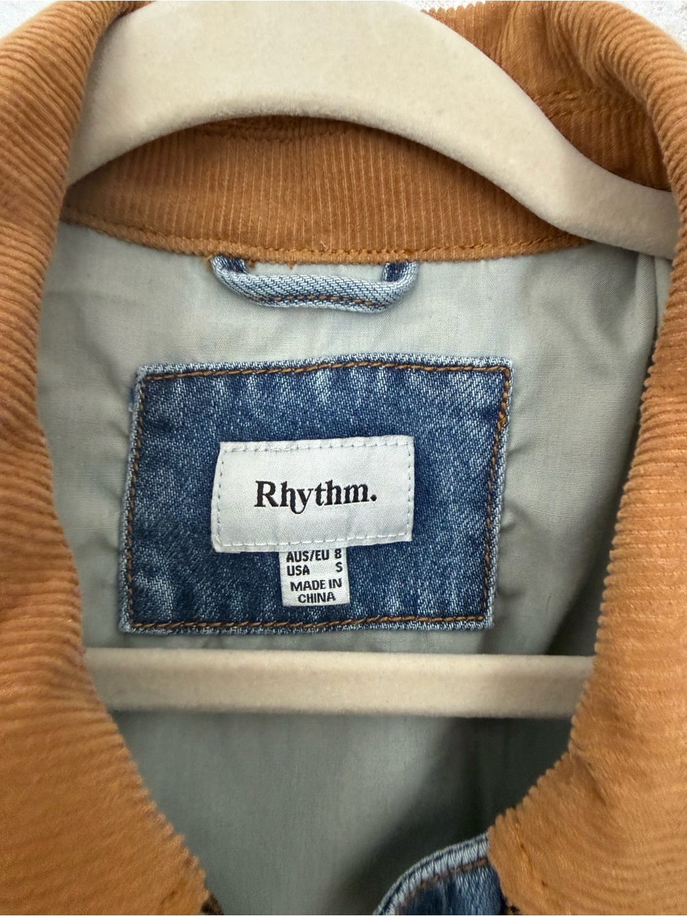 Rhythm. Blue Denim Jacket with Tan Corduroy Collar & Cuffs - Picture 2 of 4
